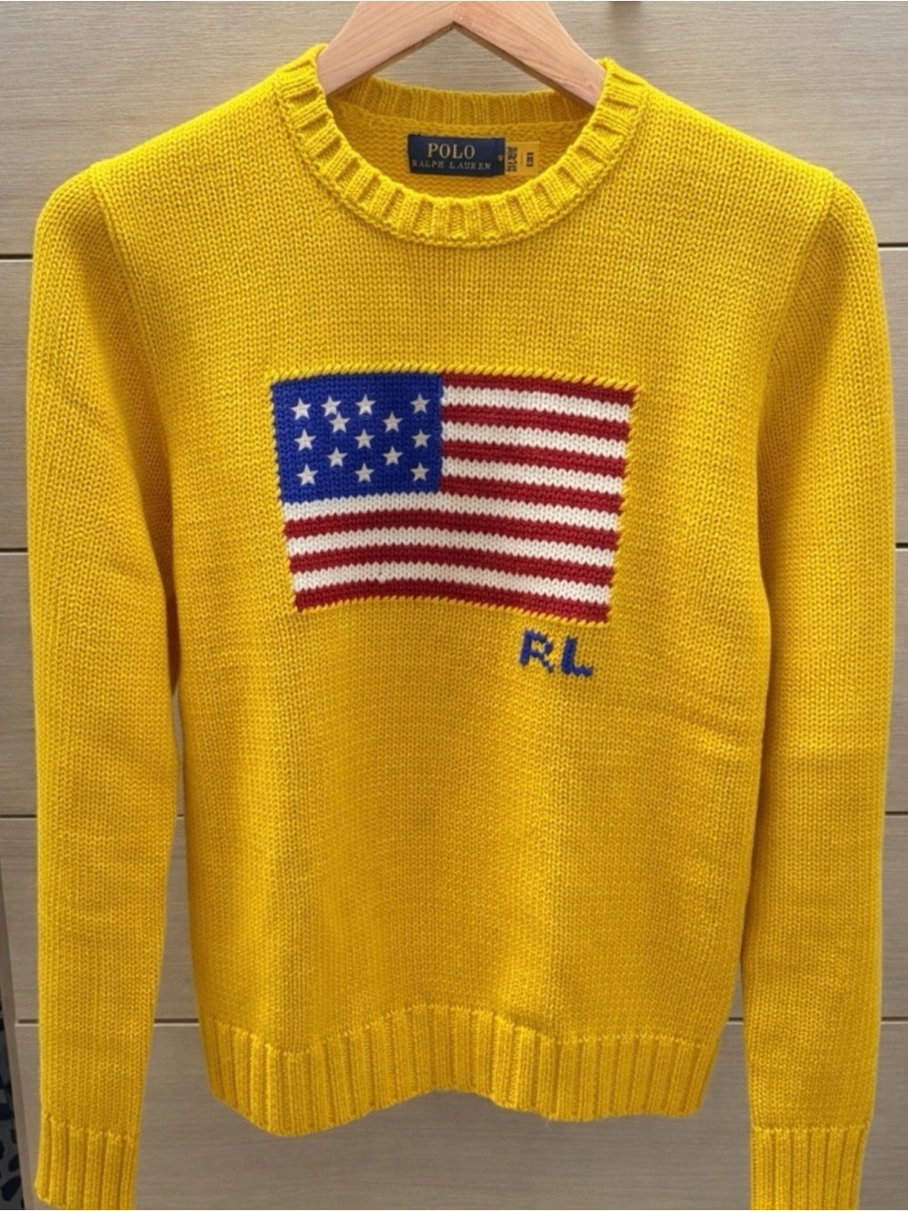 Ralph Lauren Men's Yellow Crewneck Sweater with American Flag
